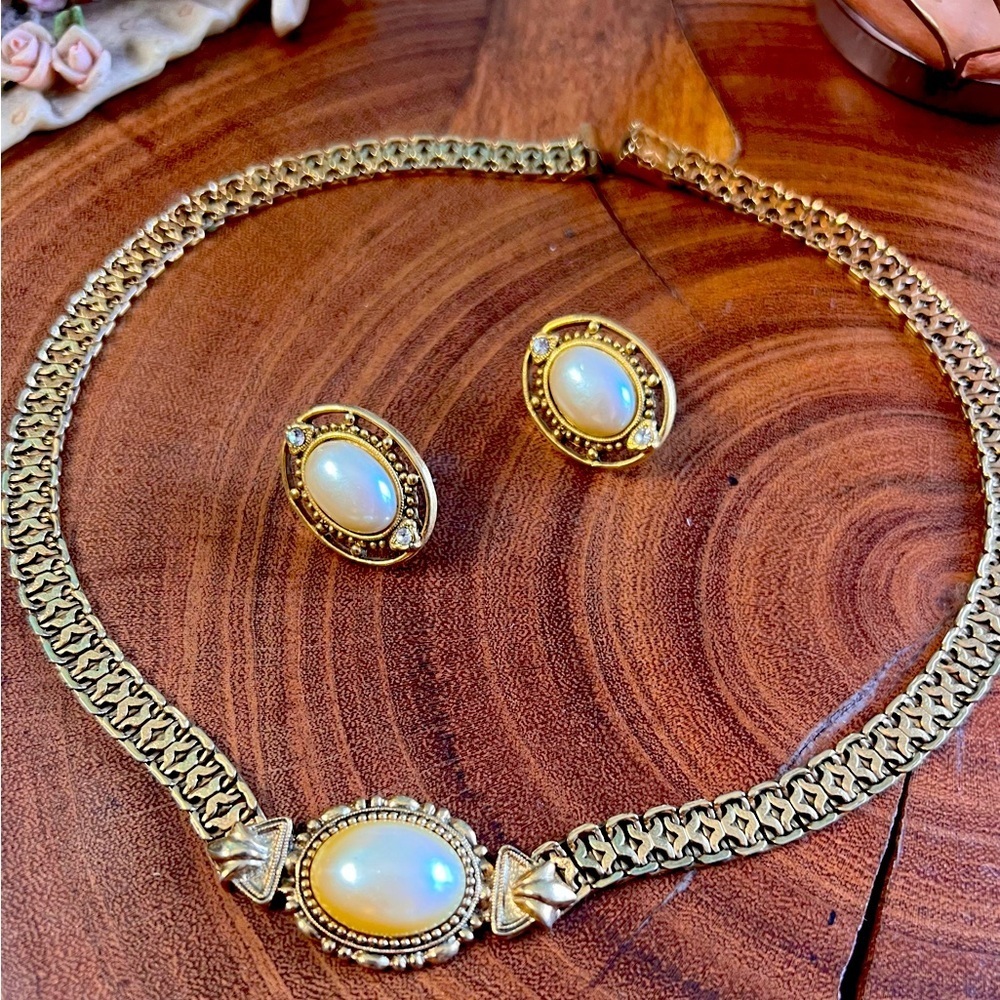 Matching Vintage gold and pearl necklace and earring set.
